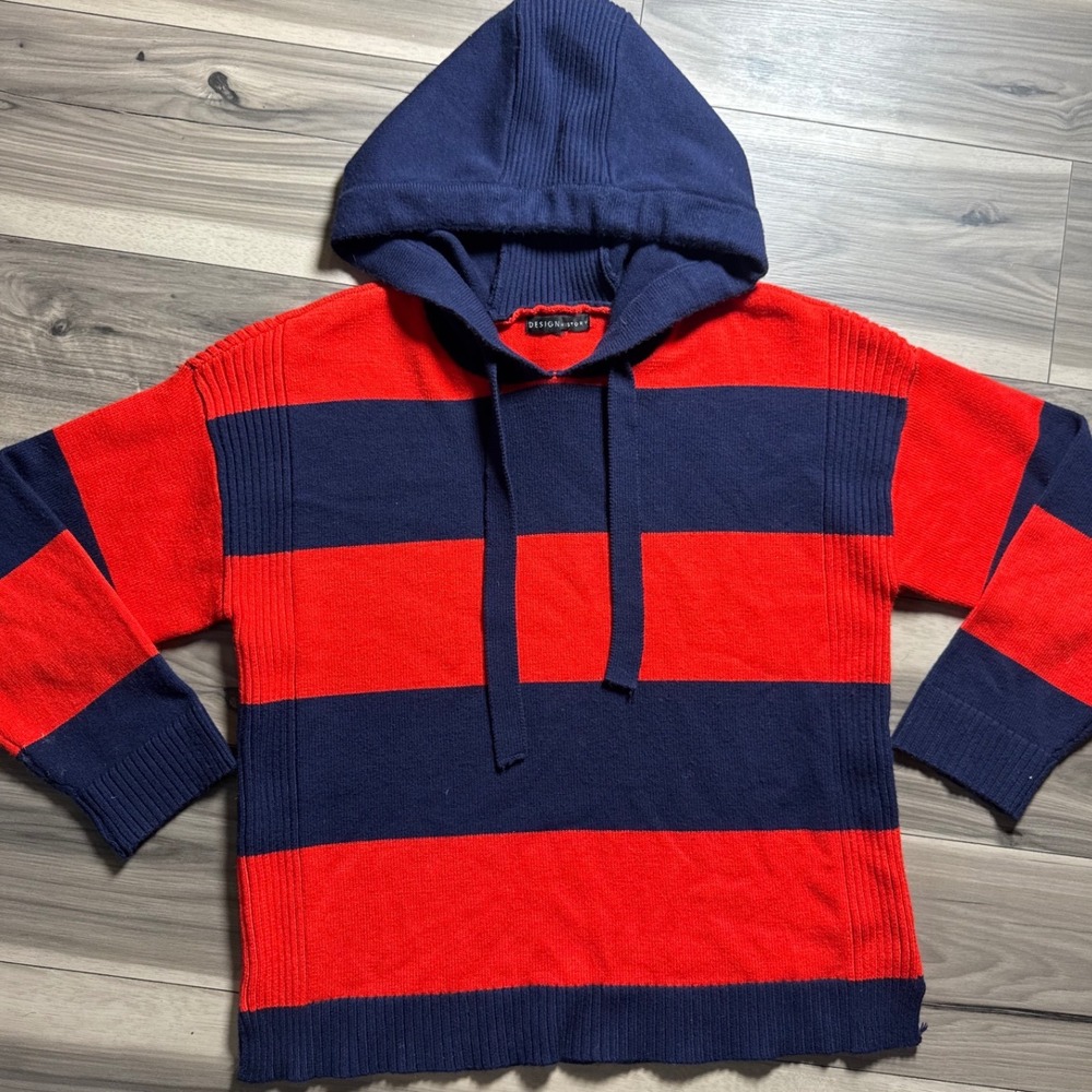 Design History Red Navy Blue Striped Knit Hoodie Sweater XL